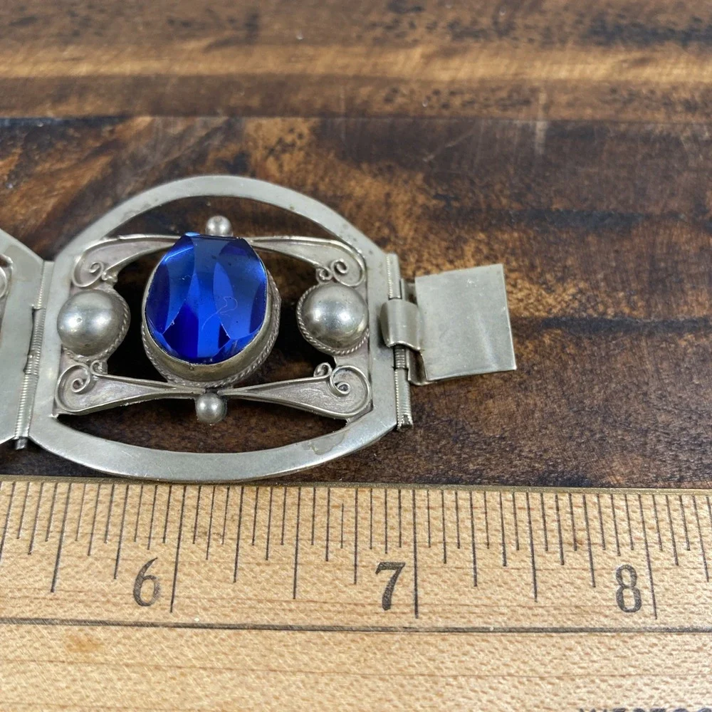 Vintage MEXICO WIDE Silver Sterling  Bracelet‎ Blue ENGRAVED Stones .925